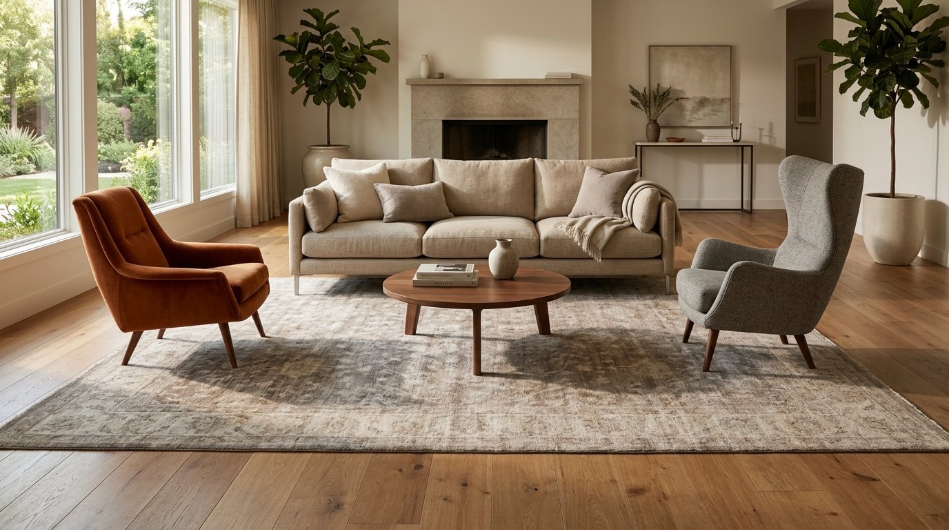 Bright living room with a beige sofa, orange velvet chair, grey wingback chair, and a round wooden coffee table.
