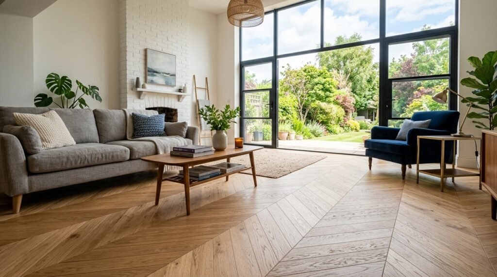 A stylish modern living room interior showcasing a sophisticated chevron pattern on the walls and decor.