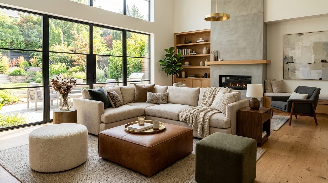 A beige sectional sofa faces a modern concrete fireplace in a sunlit living room with floor-to-ceiling windows.