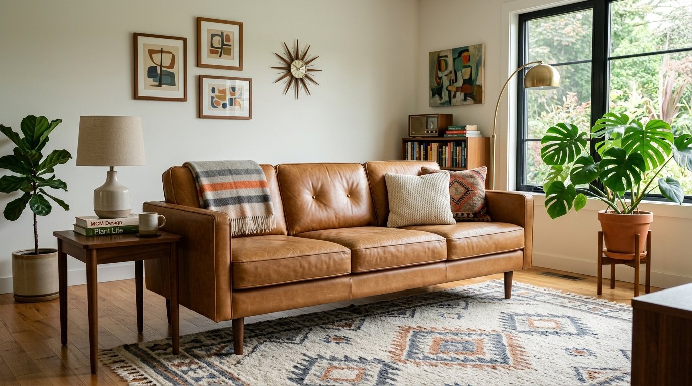 A beige modular sectional couch sits on a jute rug in a living room with abstract art and a live edge coffee table.