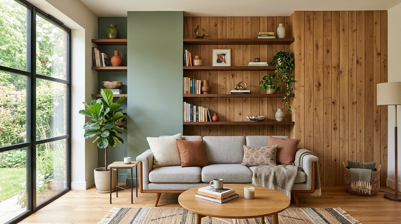 Modern living room with a grey couch, wooden wall paneling, open shelves, and large windows.