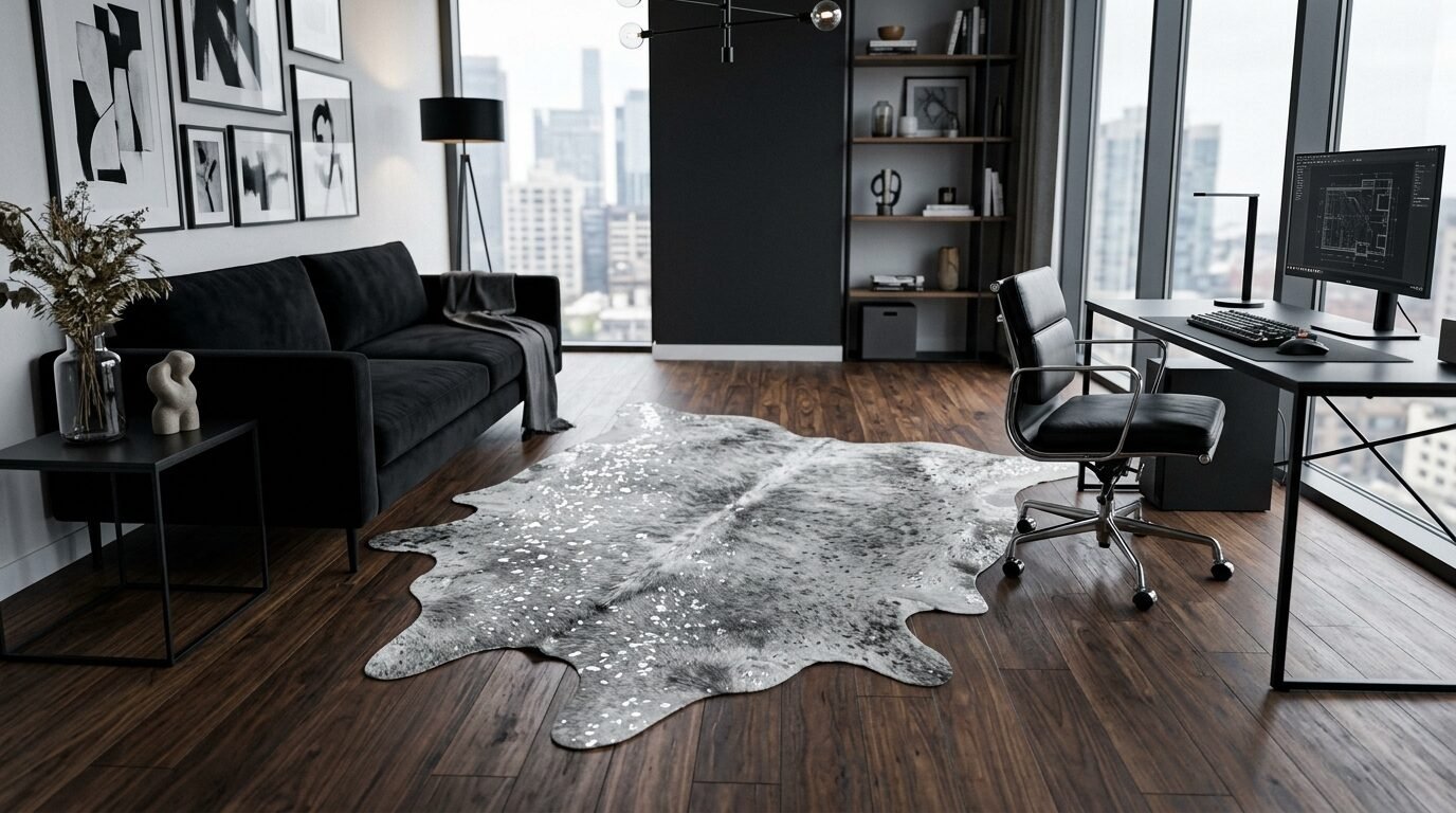 Dark interior with a cowhide area rug, velvet sofa, and workspace overlooking a city skyline.
