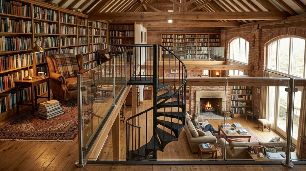 A beautiful modern loft library with tall bookshelves and wooden architecture.