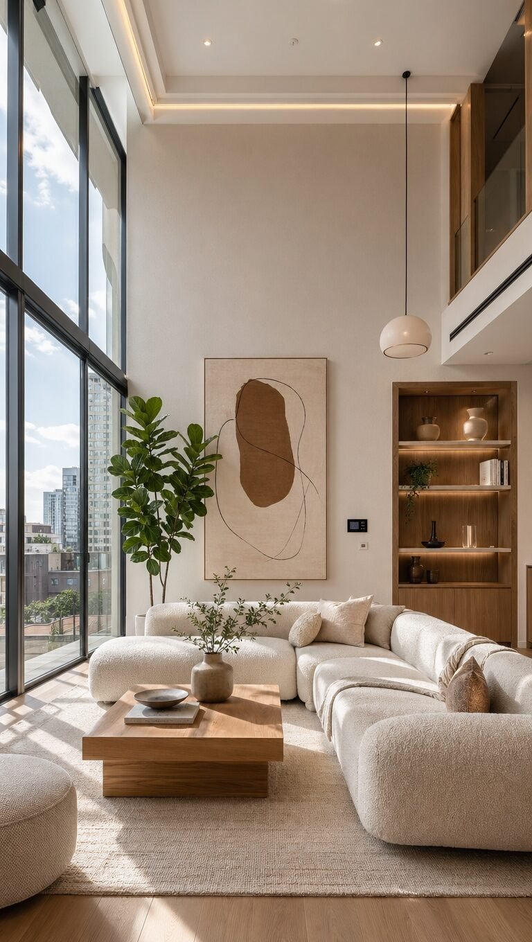 A beige textured sectional sofa sits in a bright room with tall windows and wood accents.