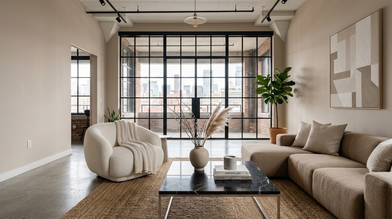 Modern living room with a boucle armchair, sectional sofa, and floor-to-ceiling steel windows overlooking a city skyline.