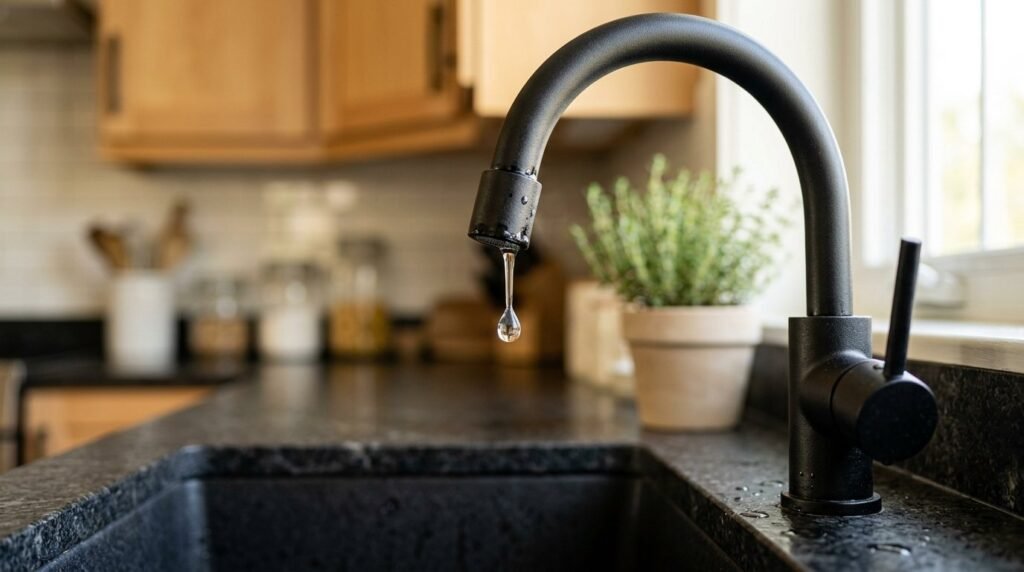 Close up of a sleek matte black faucet installed in a modern bathroom vanity.