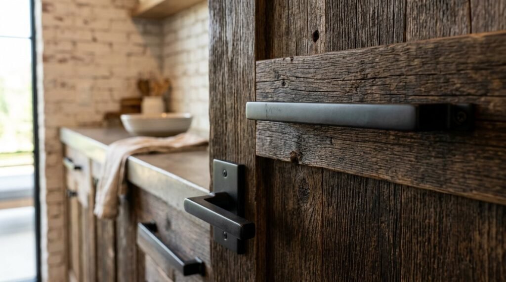 Close-up view of sleek matte black door handles on a modern interior door.