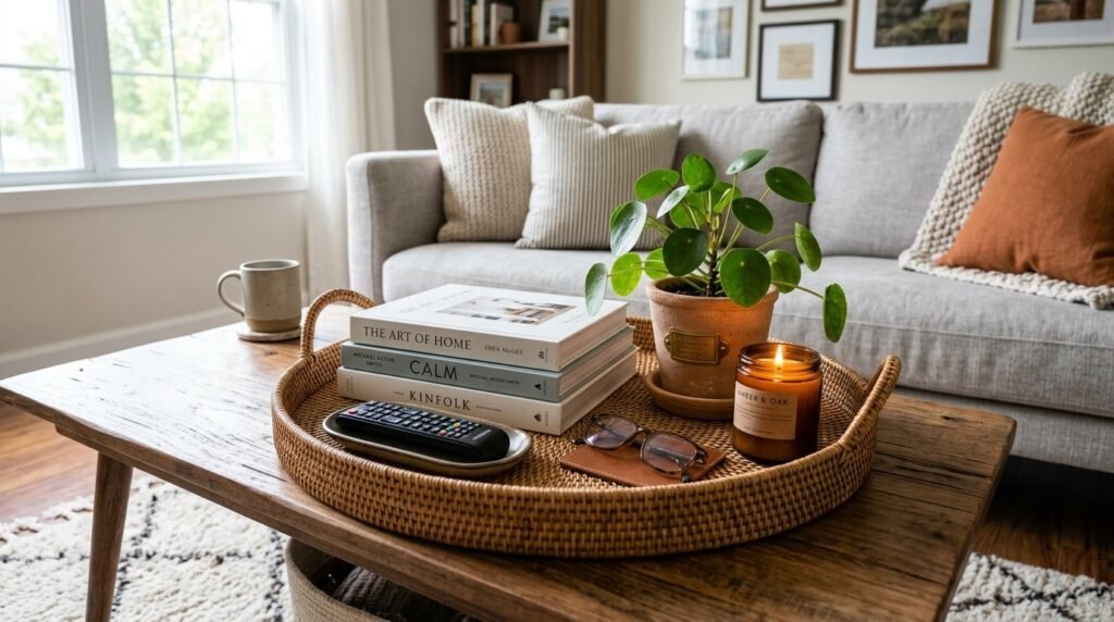 A beautifully styled modern coffee table with magazines and a ceramic vase.