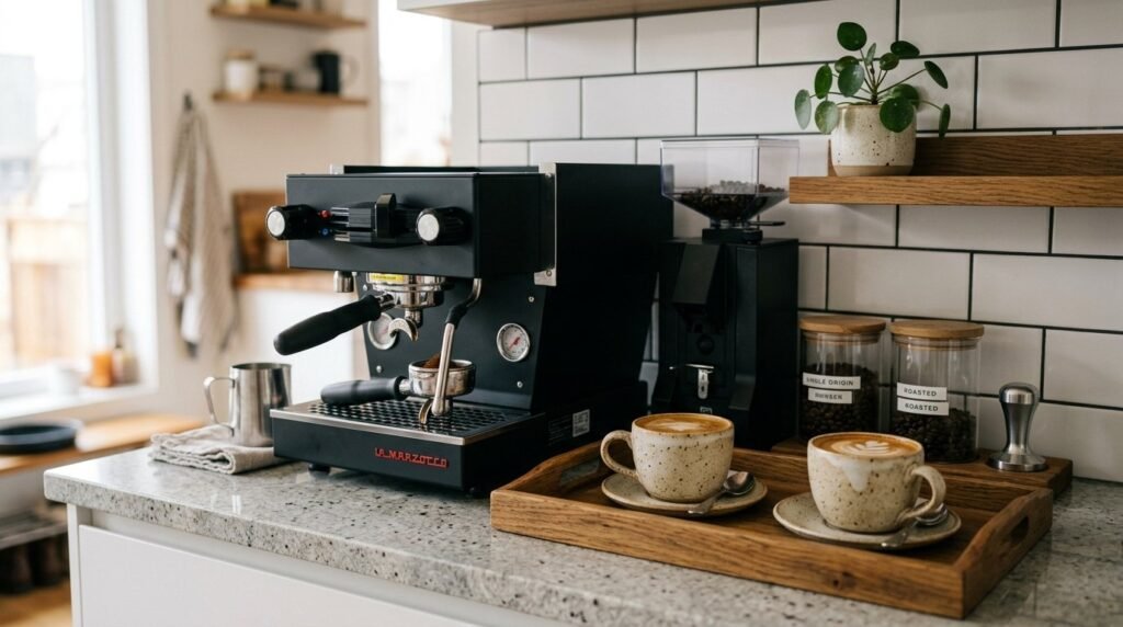 A cozy and modern coffee corner setup with premium brewing equipment in a minimalist home.