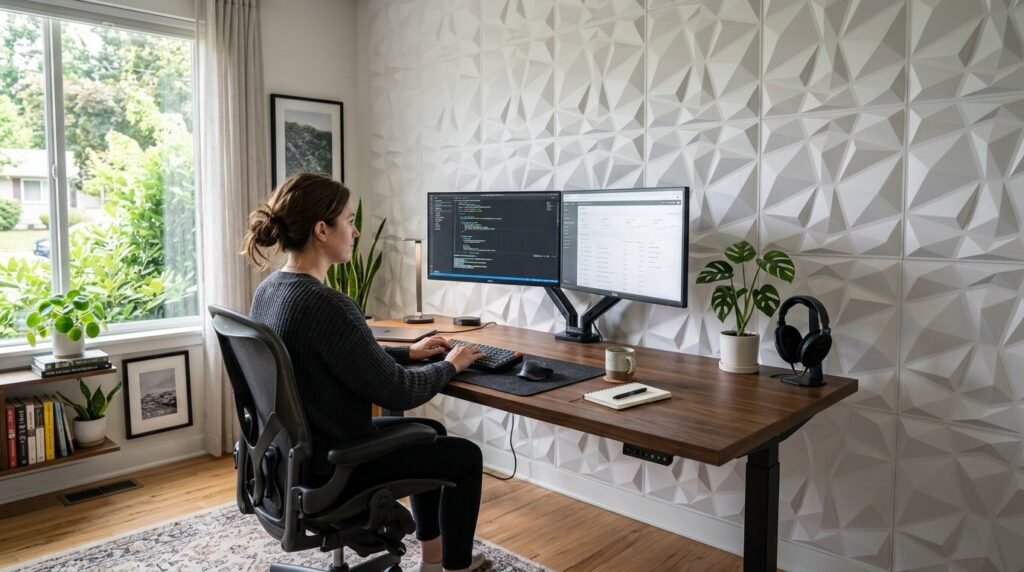 A clean, organized modern home office desk with minimal decor and professional equipment.