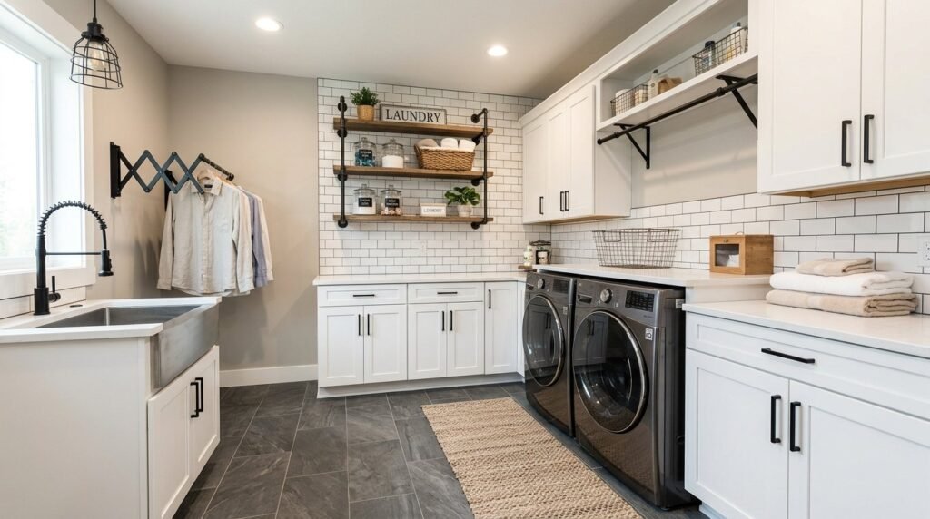 A sleek modern laundry room featuring contemporary appliances and custom white cabinetry.