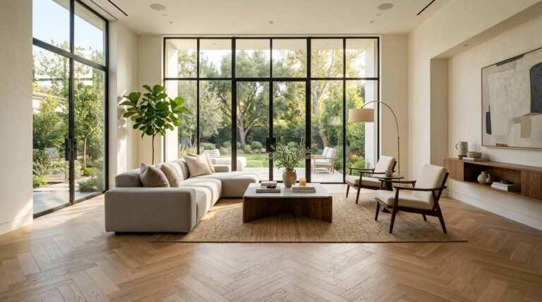 A beautifully designed modern living room with contemporary furniture and natural lighting.