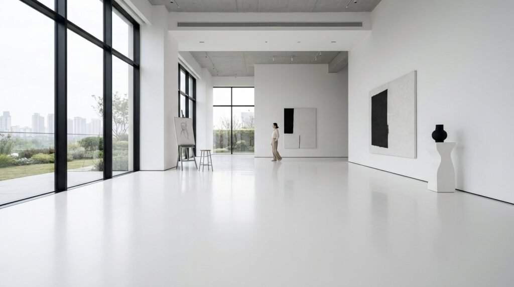 High-angle view of a bright room with a seamless white resin floor.