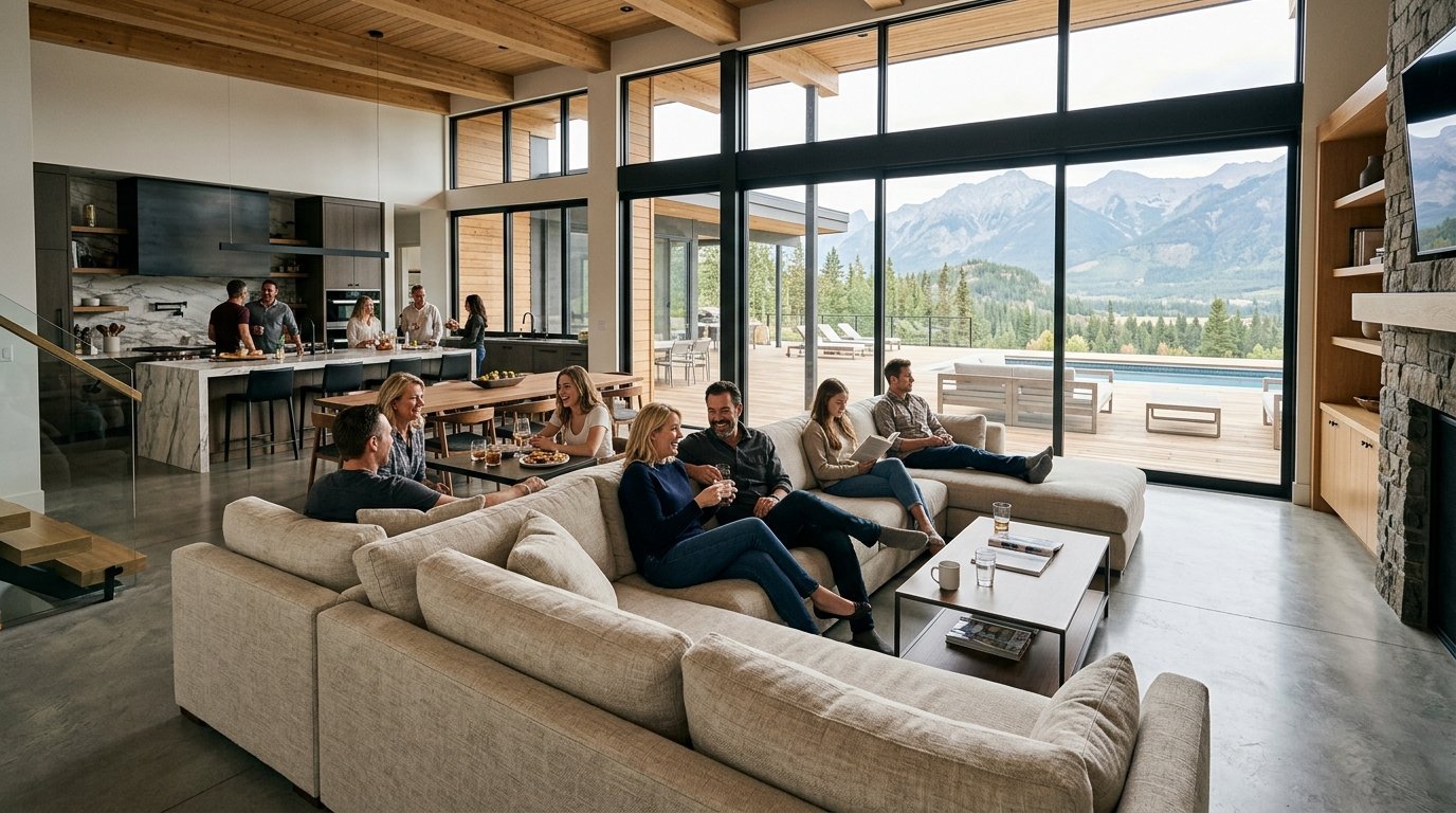 People socializing on a large sectional sofa in an open-concept living area with mountain views.