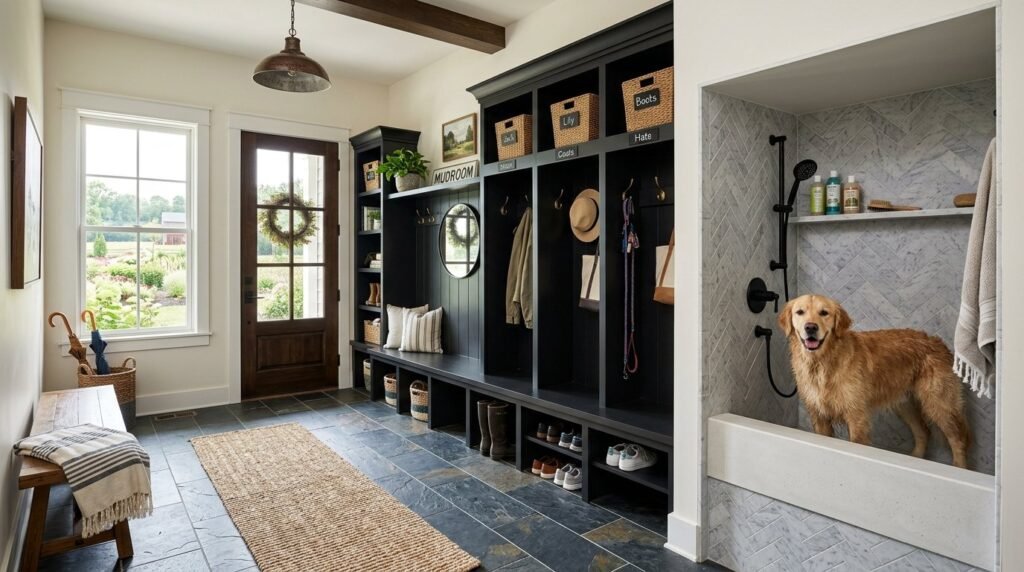 A beautifully organized modern mudroom entryway featuring custom cabinetry and integrated storage solutions.