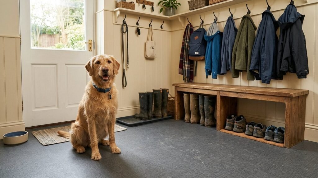 A friendly dog sitting in a beautifully organized modern mudroom entryway with storage benches.