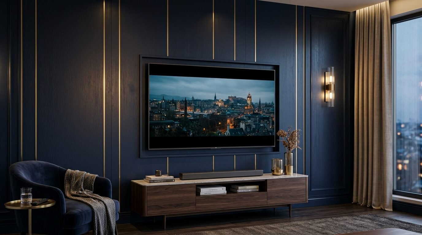 A sleek television screen displaying a city landscape mounted on a navy wall with vertical brass trim accents.