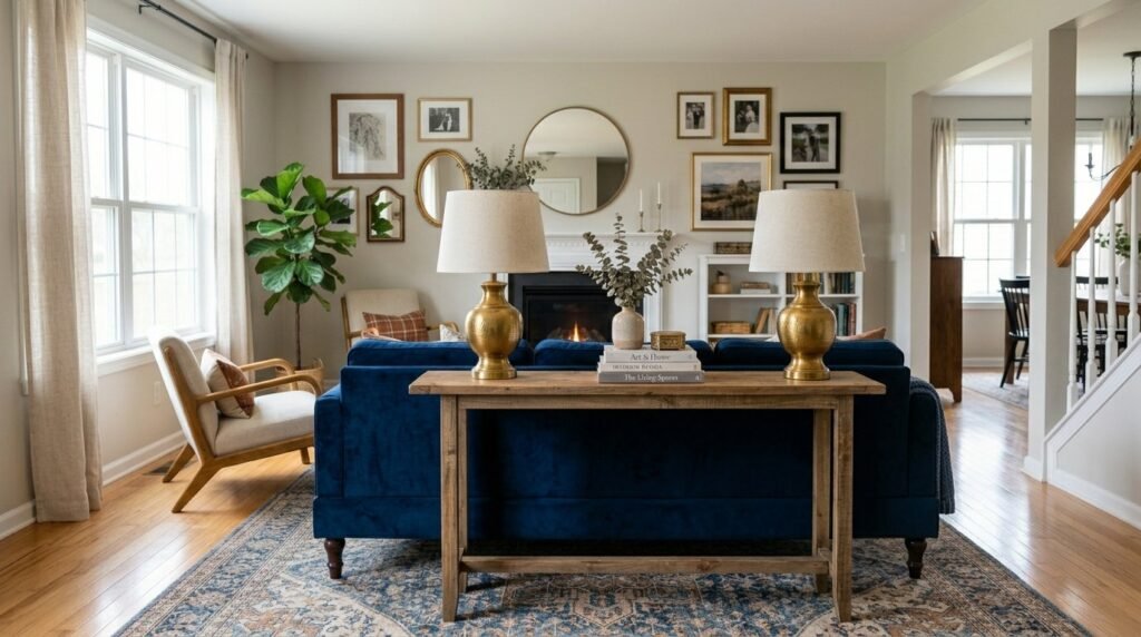 A stylish navy blue sofa centered in a brightly lit, modern living room interior.