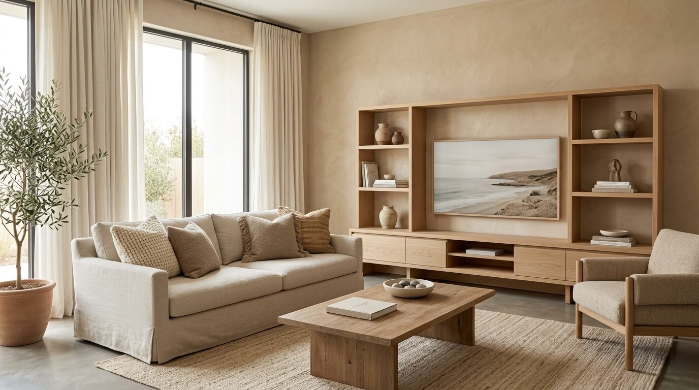 Neutral living room with a beige sofa, wooden coffee table, large shelving unit, and an olive tree in a clay pot.