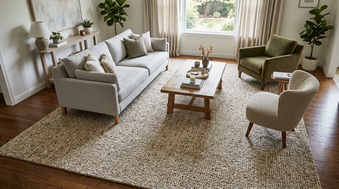 A light grey sofa and olive green armchair sit on a chunky knit rug in a sun-drenched living room.
