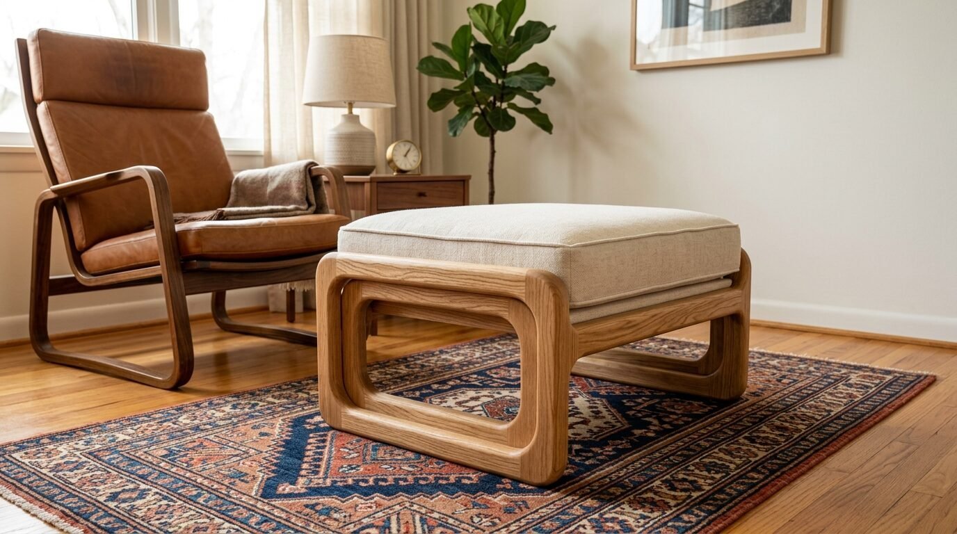 A low wooden ottoman with a beige cushion sitting on an ornate patterned area rug in a sunlit living room.