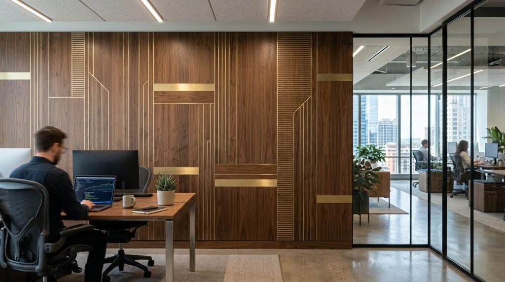 Contemporary home office design highlighting a polished wood panel feature wall.