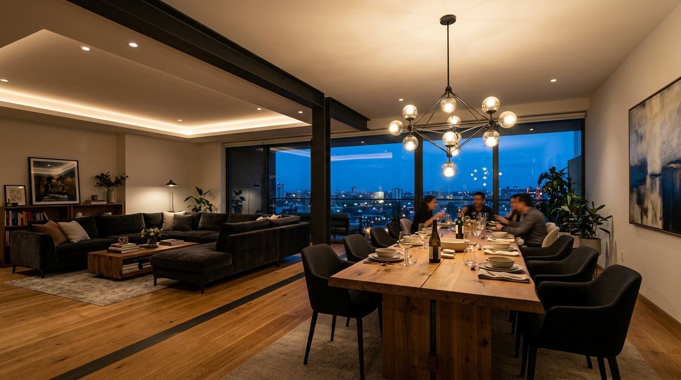 Group of friends having dinner at a large wooden table in a sophisticated high-rise apartment at twilight.