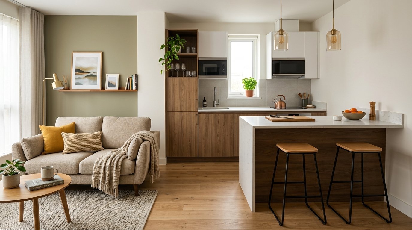 Small living area with beige sofa next to a modern wood and white kitchen featuring an island with bar stools.