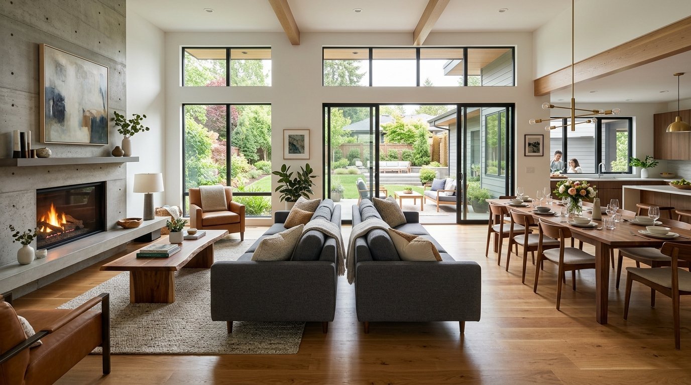 Spacious living and dining area with concrete fireplace, wooden dining table, and large windows looking onto a patio.