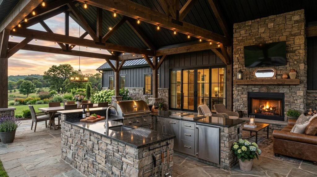 A modern outdoor kitchen featuring stainless steel appliances and stone counters in a backyard setting.