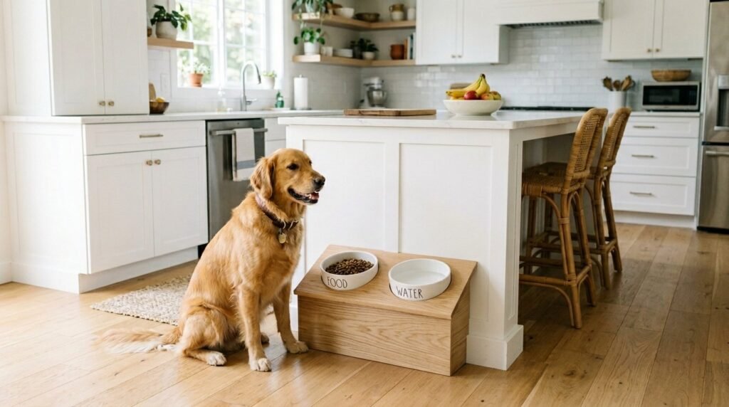 A stylish modern pet feeding station organized in a clean home kitchen setting.