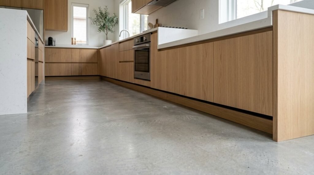 A sleek, minimalist modern polished concrete floor with a smooth matte finish in a bright room.