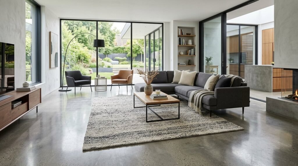 A wide angle shot of smooth, high-gloss polished concrete flooring in a minimalist interior space.
