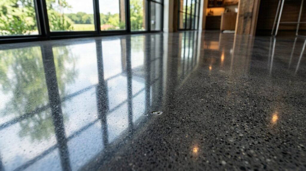 A high-angle view of smooth, reflective polished concrete floors in a spacious modern home interior.