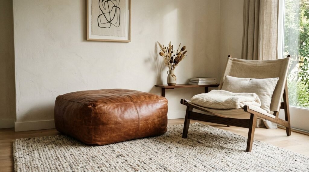 A comfortable modern armchair paired with a matching decorative pouf in a bright living space.