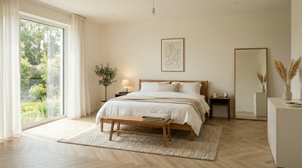 A beautiful and spacious modern primary bedroom featuring elegant decor and lighting.