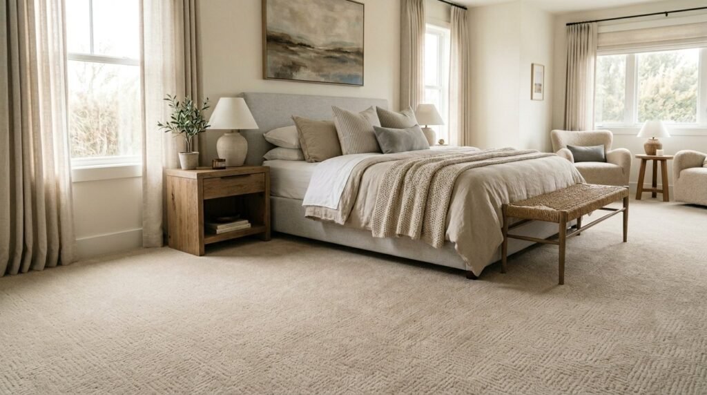 A luxurious and spacious primary bedroom featuring modern furniture and soft lighting.