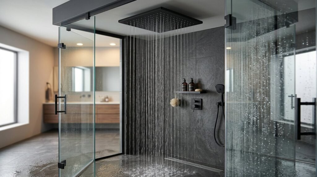 Close up view of a modern stainless steel rainfall shower head in a luxury bathroom.