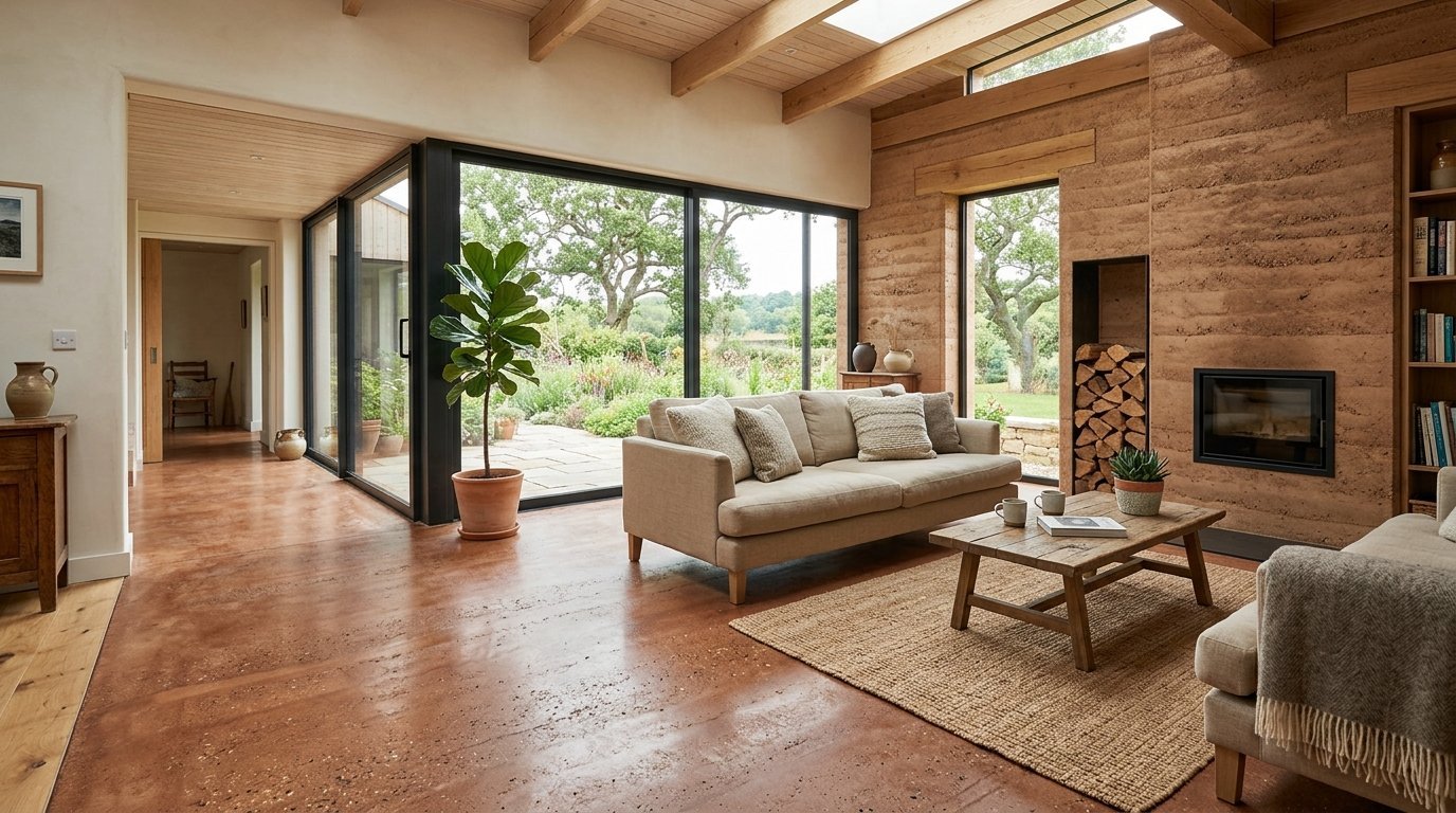 Contemporary living room featuring textured earth walls, glass walls overlooking a garden, and beige sofas.