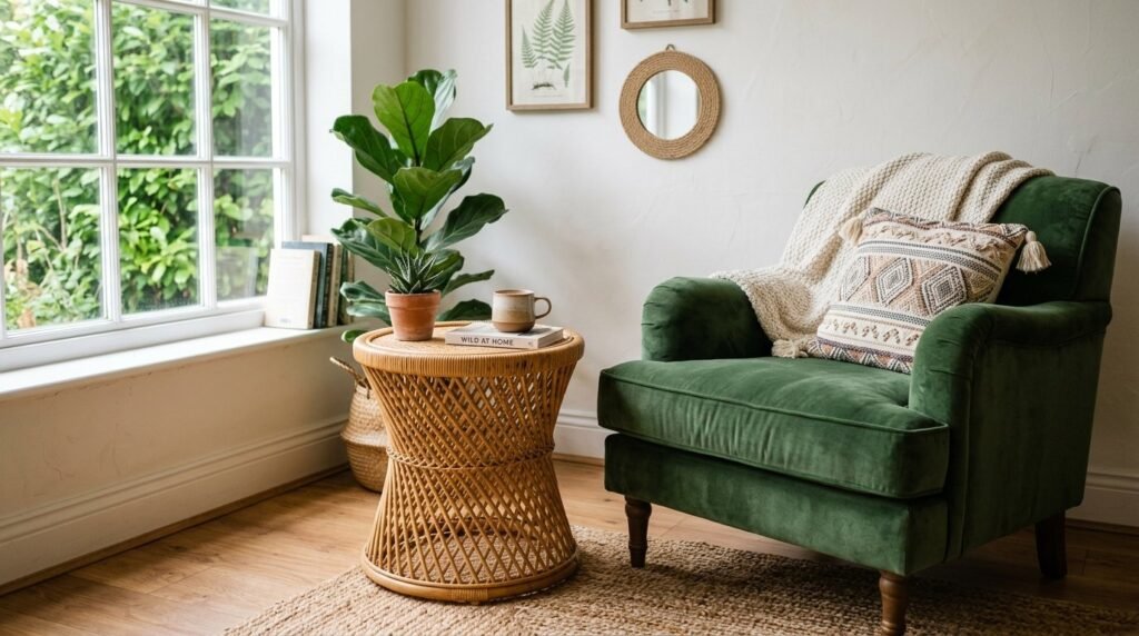 A stylish rattan side table featuring a natural wood finish placed in a bright, minimalist living room.