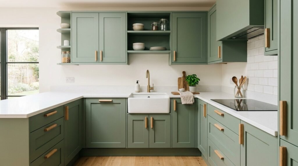 A beautifully designed modern kitchen featuring sage green cabinets and marble countertops.