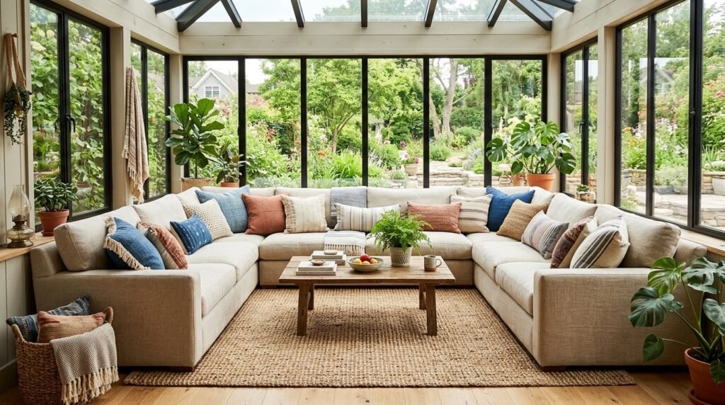 A stylish and comfortable sectional sofa centerpiece in a bright, modern living room interior.