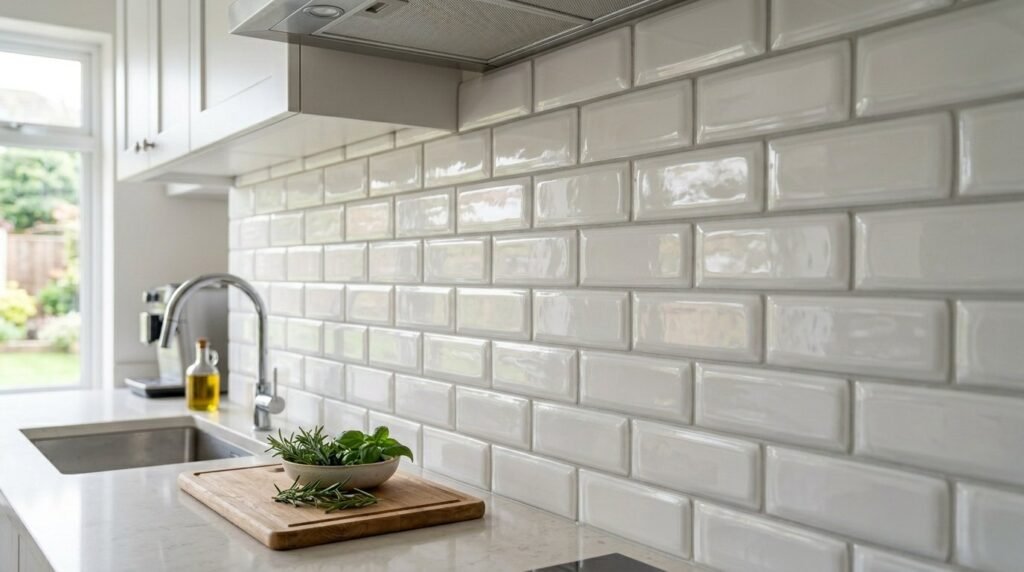 Close-up view of modern self-adhesive 3D gel tiles installed as a kitchen backsplash.
