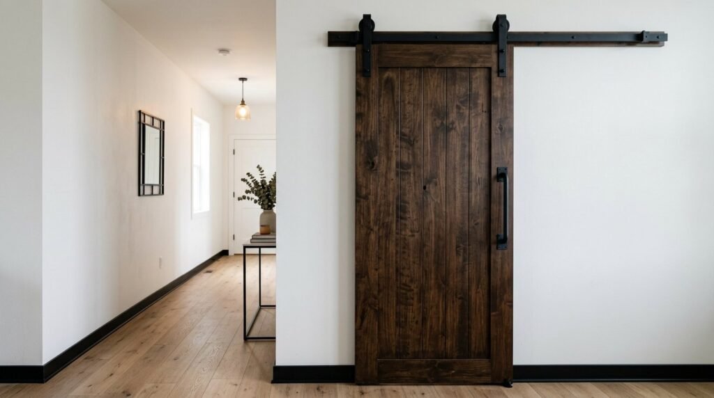 A sleek sliding door made of dark wood installed in a modern interior home setting.