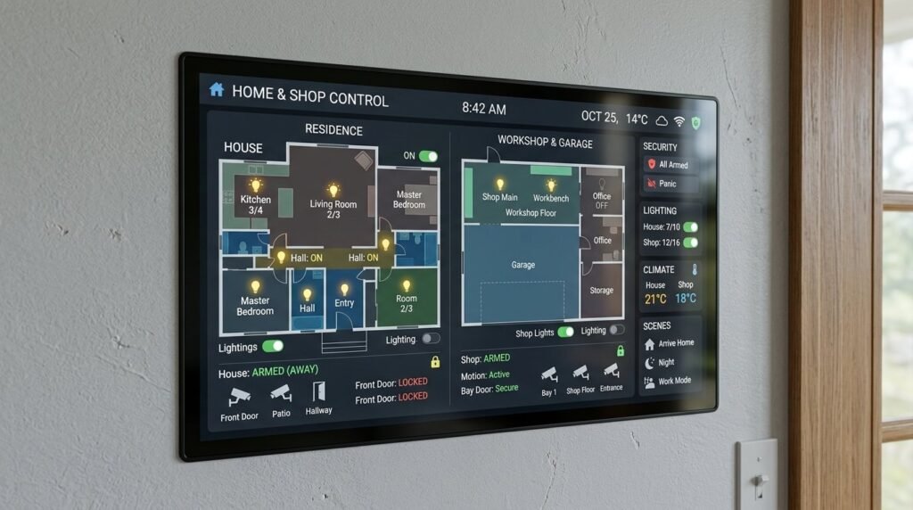 A sleek digital wall panel displaying smart home controls for lighting, temperature, and security.