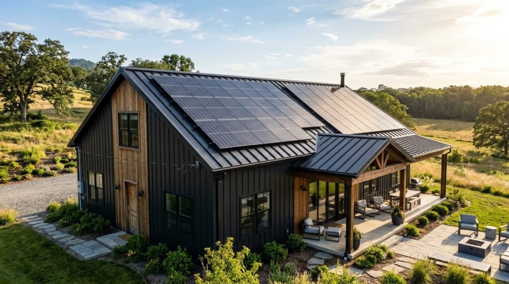 High efficiency solar panels installed on a residential rooftop under clear blue sky.
