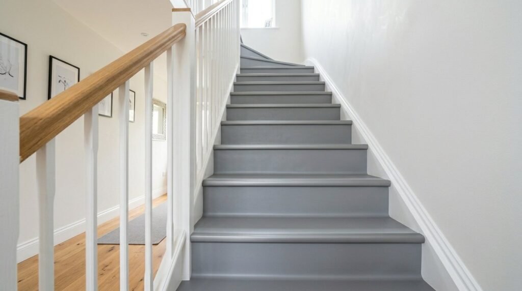 A sleek modern staircase featuring sophisticated grey design elements and clean architectural lines.