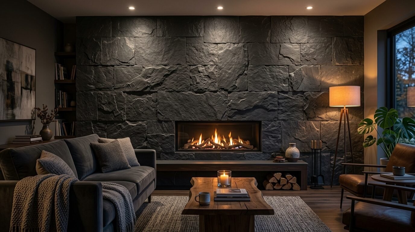 A dark, textured stone fireplace wall serves as the focal point in a dimly lit, contemporary living room.