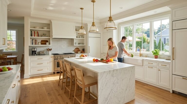 A bright and spacious suburban kitchen featuring modern appliances and cabinetry.