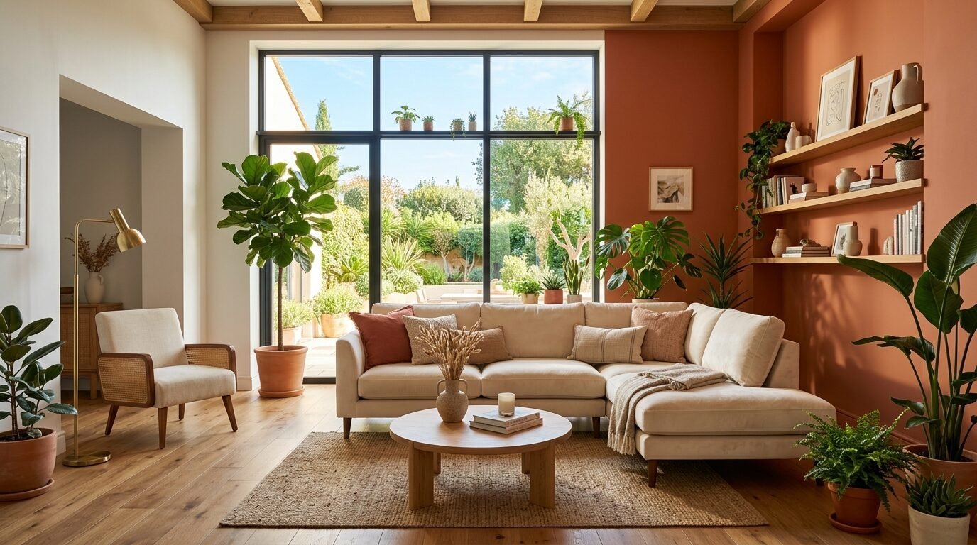 Modern living room featuring a beige sectional, wooden coffee table, and lush indoor plants against a terracotta wall.